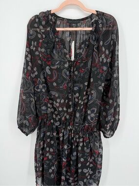 NEW Sanctuary Chiffon Dress Mini Lace Up Neck Elastic Waist Sheer Sleeve Medium